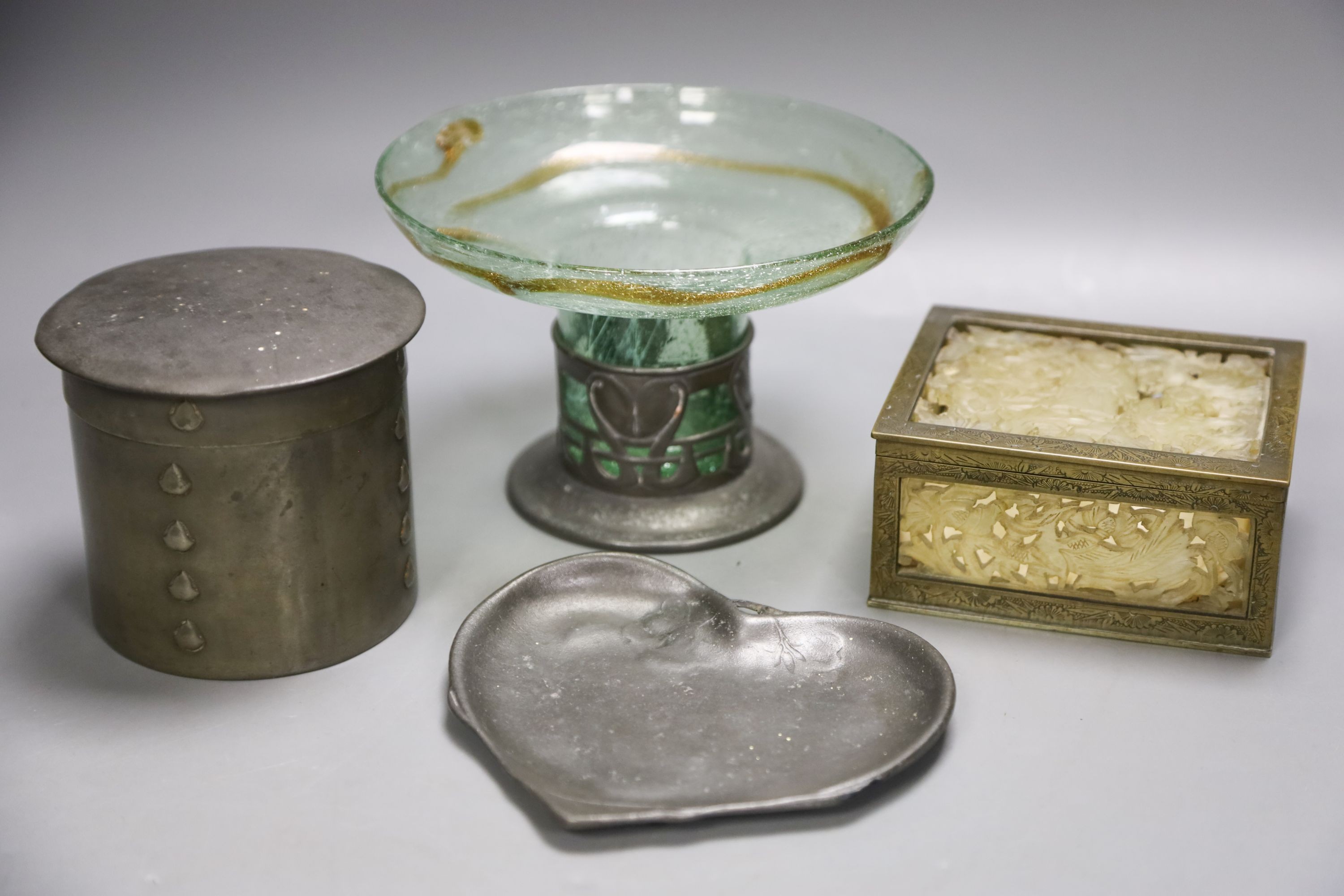 Three Arts & Crafts pewter items and a pierced hardstone box(a.f.).